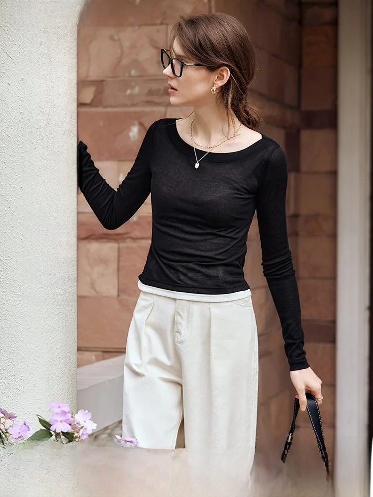 

Женская трикотажная футболка OLrain Long Sve, высокоэластичный зимний топ на одно плечо, женский свободный крой для поездок на работу