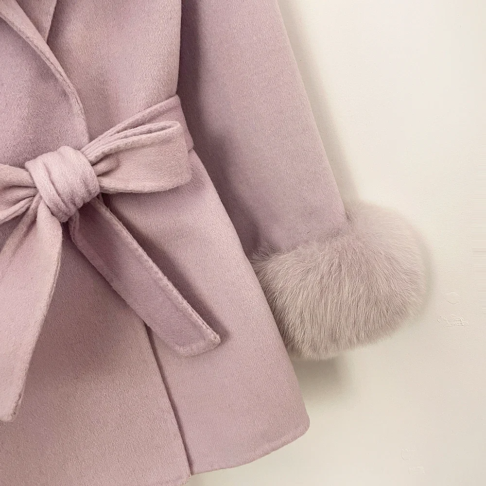 OFTBUY Eleganter Doppelseitiger Wollmantel in Lila, Neue Herbst-Winter-Kleidung für Damen, Echter Fuchspelz-Schal, Kragen, Gürtel, Wolljacke für Frauen – Detail 5