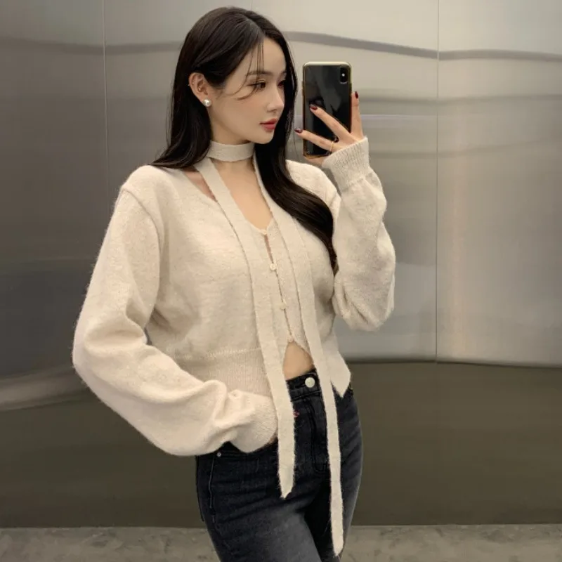 V-neck Halter Women 2024 Cardigans Femme Long Sleeve Ropa Mujer Single Breasted Sweaters Korean Tops Autumn Womans Clothing