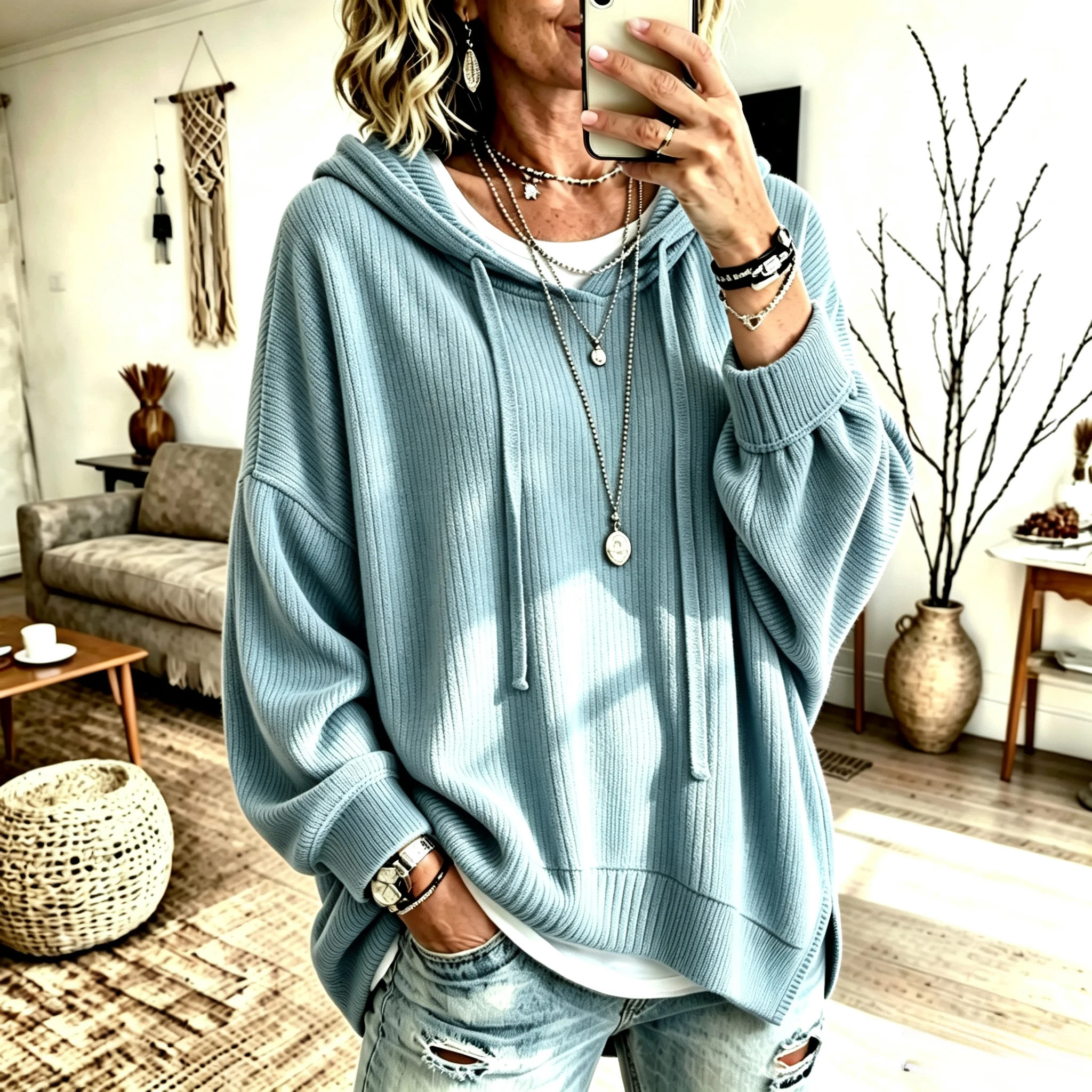 2026 Autumn Winter Women's Loose Hooded Drawstring Solid Ribbed Sweatshirt Casual Outerwear, European American Style