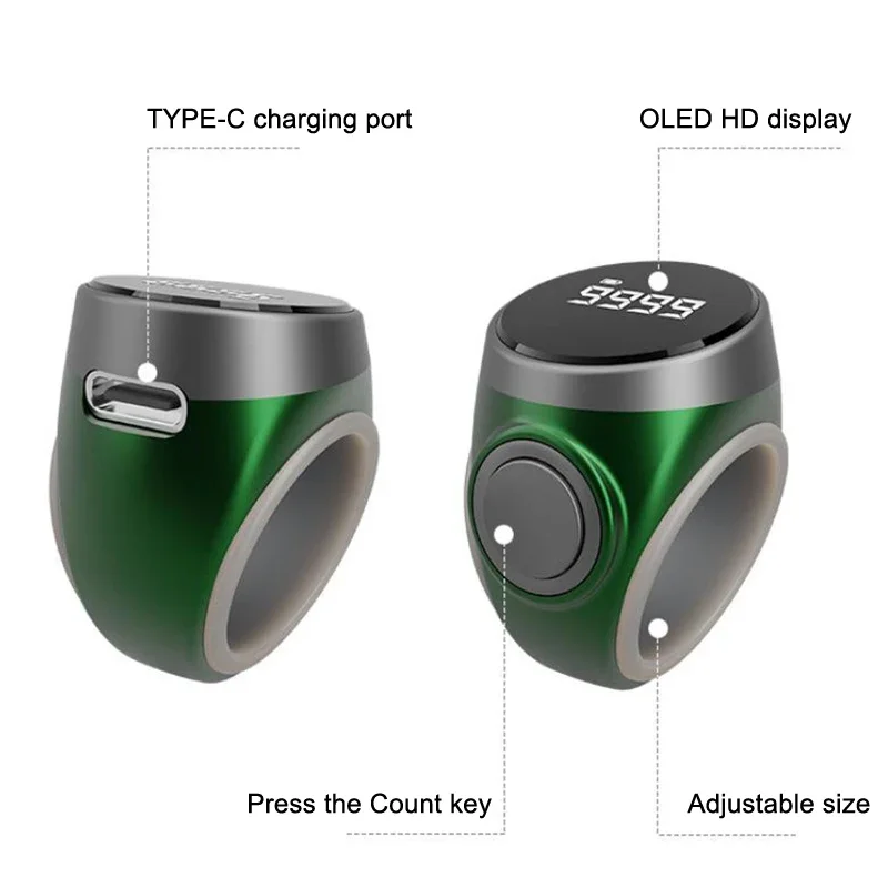 สมาร์ท Tasbih TALLY Counter Type-C ชาร์จคุณภาพสูงมุสลิม Zikr แหวนประเภทปุ่มเคาน์เตอร์เวลาสวดมนต์การสั่นสะเทือนเตือน