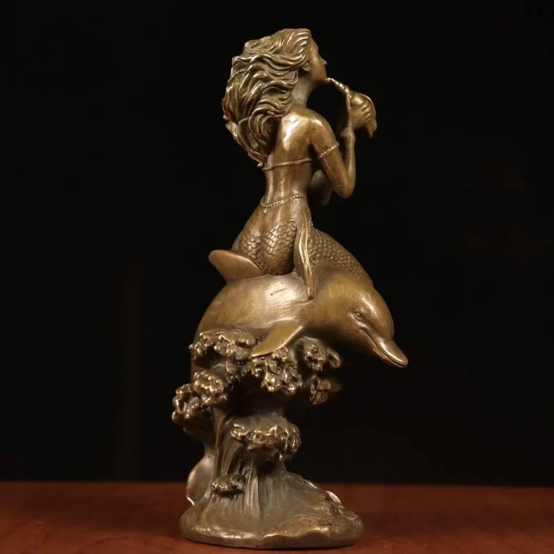 Old copper Hand-made the young girl blowing conch shells statue,Free shipping