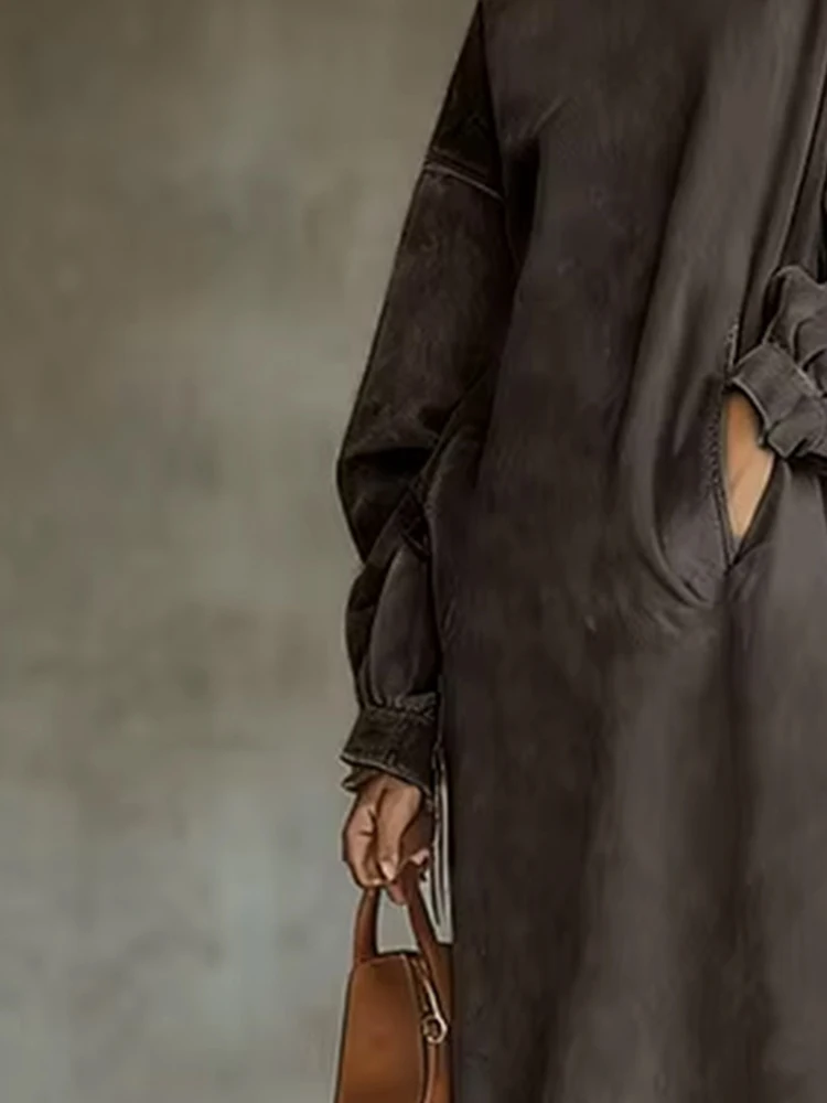 

European American Suede Vintage Dresses Women Half High Collar Straight Tassel Dress Fashion Long Sleeve Pocket Sweatshirt Dress