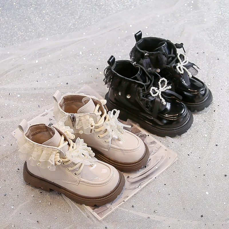 

Girls Leather Boots Sweet Lace Bowknots Kids Ankle Boots Cute Beading Fashion 2025 Autumn Winter Children Princess Boots Soft