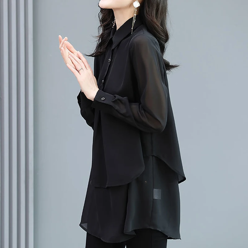 Spring Autumn Korean Style Black Elegant Fashion Double Layer Pullover Casual Chiffon Shirt Women Lapel Long Sleeve Blouse 5XL