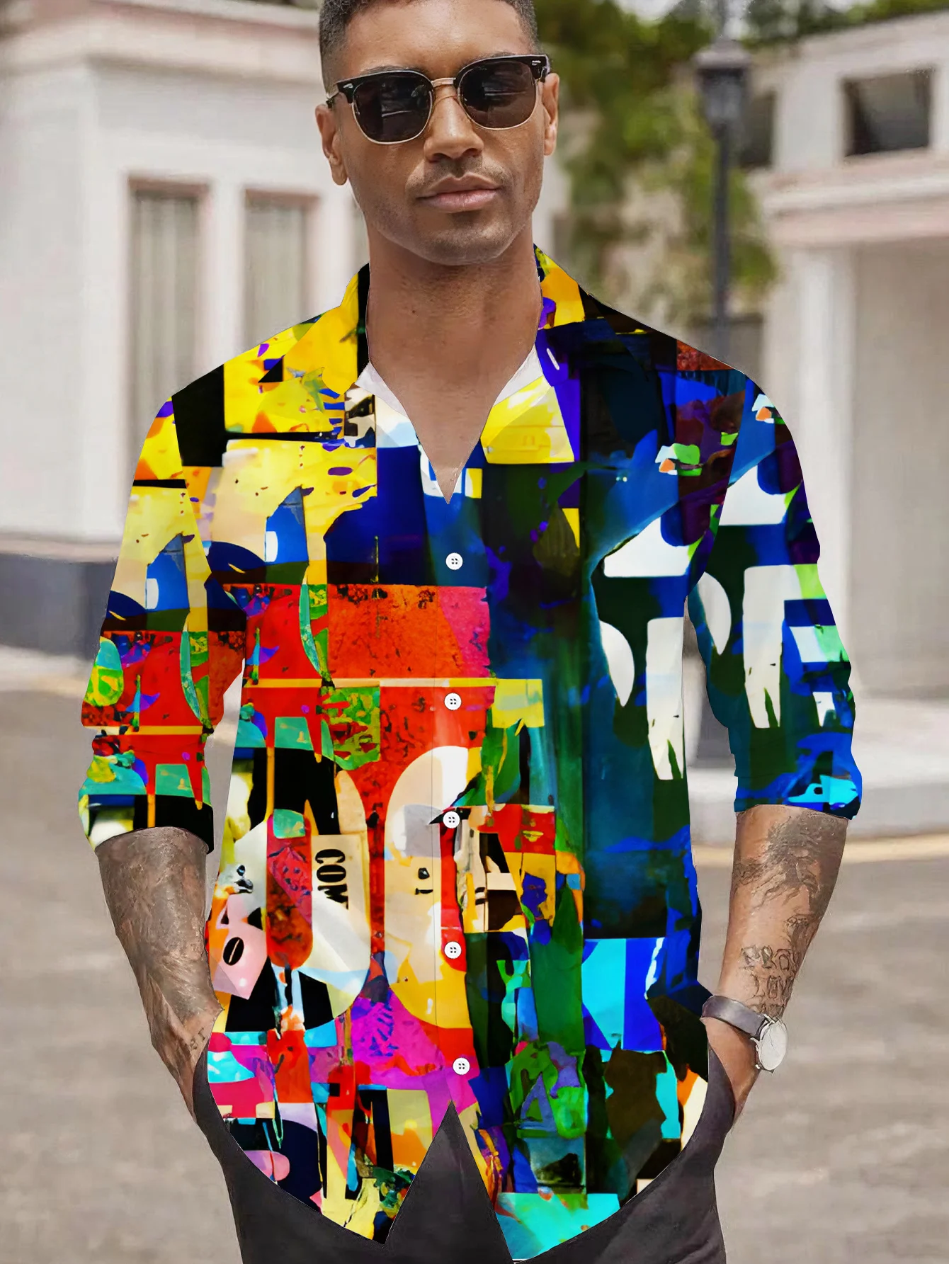 Men Autumn Long Sleeve Shirt Vintage Colorful Graffiti Print Turn Down Collar Street Casual Holiday Daily Wear Men's Clothing