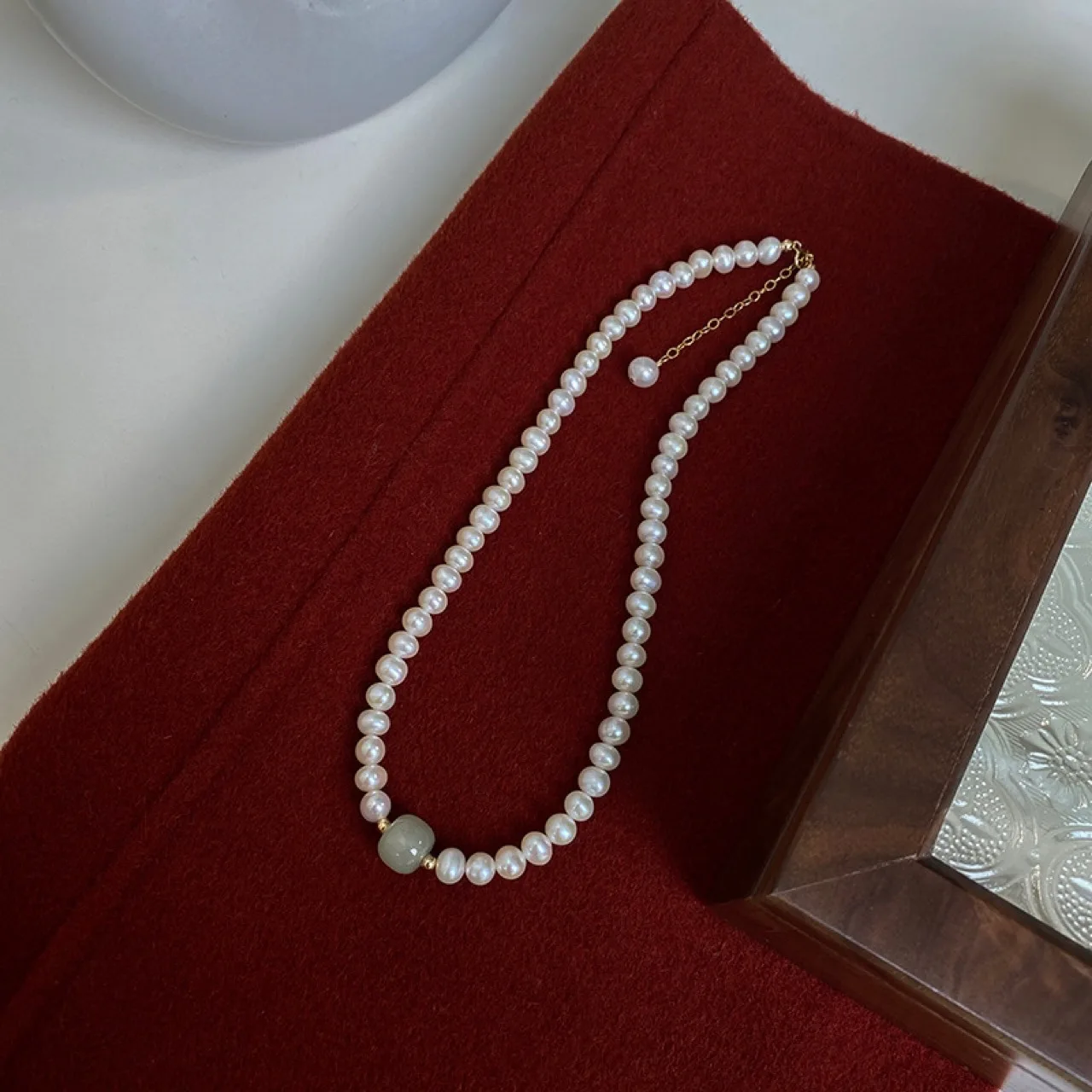 100 % natürliche helle Süßwasserperle und Nephrit-Jade-Stein, 14 Karat Gold gefüllt, weibliche Halskette, Schmuck für Frauen, kurze Ketten, Geschenke – Detail 5