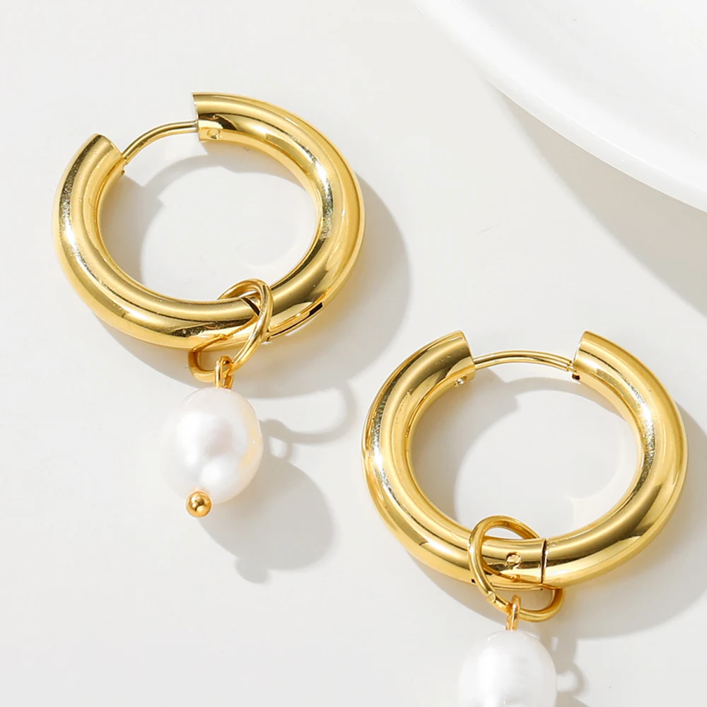 YACHAN Fashion Pearl Pendant Drop Earrings for Women Stainless Steel Hoop High Quality Waterproof Jewelry