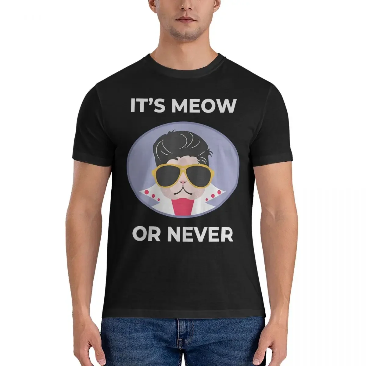 Cat Men's T Shirt E-Elvis Singer Presley Funny Tees Short Sleeve Round Collar T-Shirts Cotton Birthday Present Tops