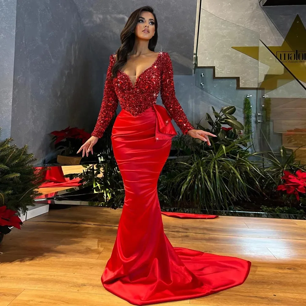 Eleagnt Red Satin Sequin Mermaid Evening Gowns Sweetheart Party Formal Dress Sweep Train Long Sleeves Side Split For Women