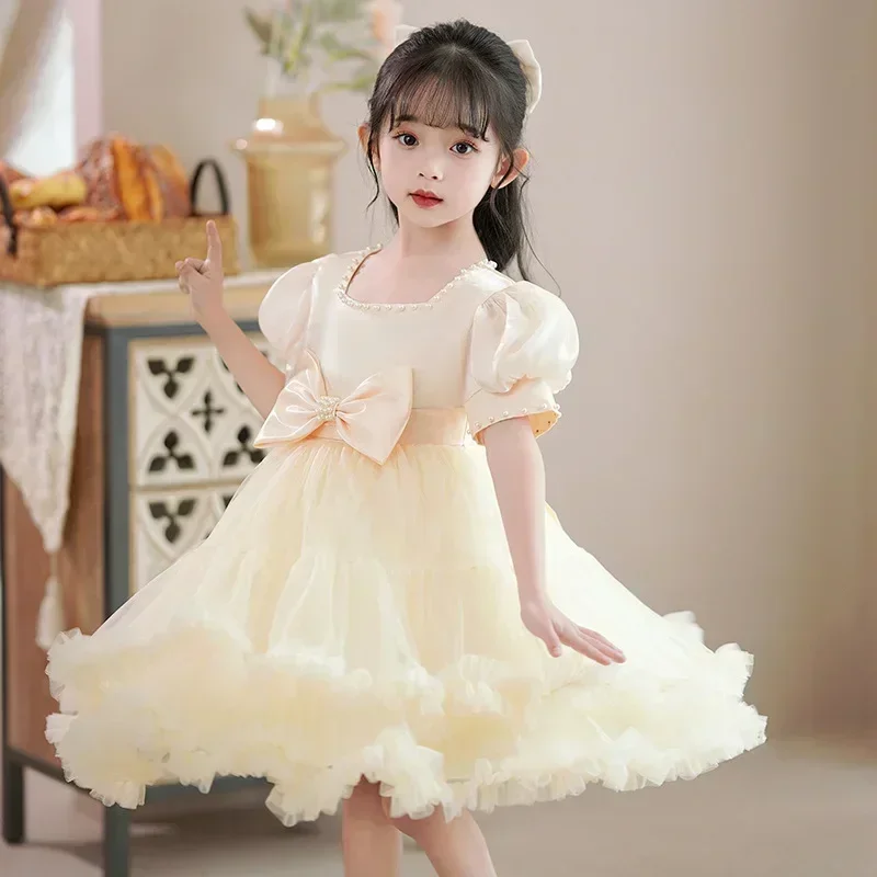 Vestido infantil de princesa para meninas, elegante, de malha, fofo, para performance de piano, verão