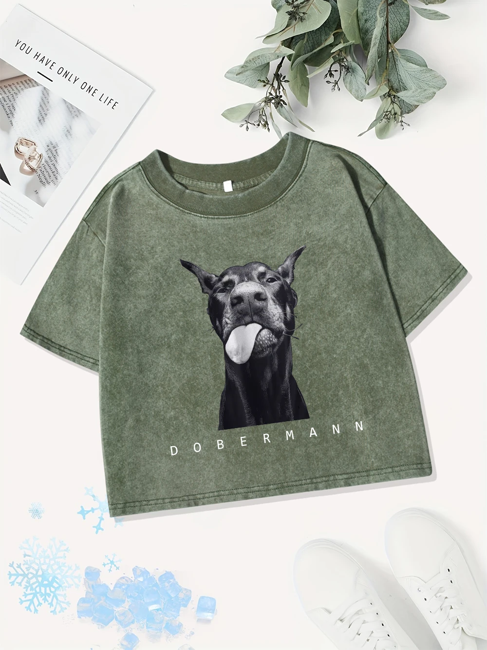 

Summer Cotton Crop Tops Womens Fashion Creativity Doberman Prints Washed T-Shirts Y2K O-Neck Regular Fit Tees Casual Clothes
