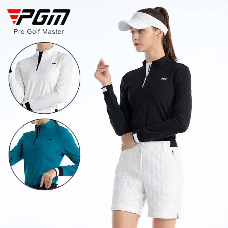 PGM Women Full Sleeve Golf Shirt Ladies Zipper Collar Casual T-shirt Women Slim Elastic Sport Tops Autumn Golf Clothing S-XL