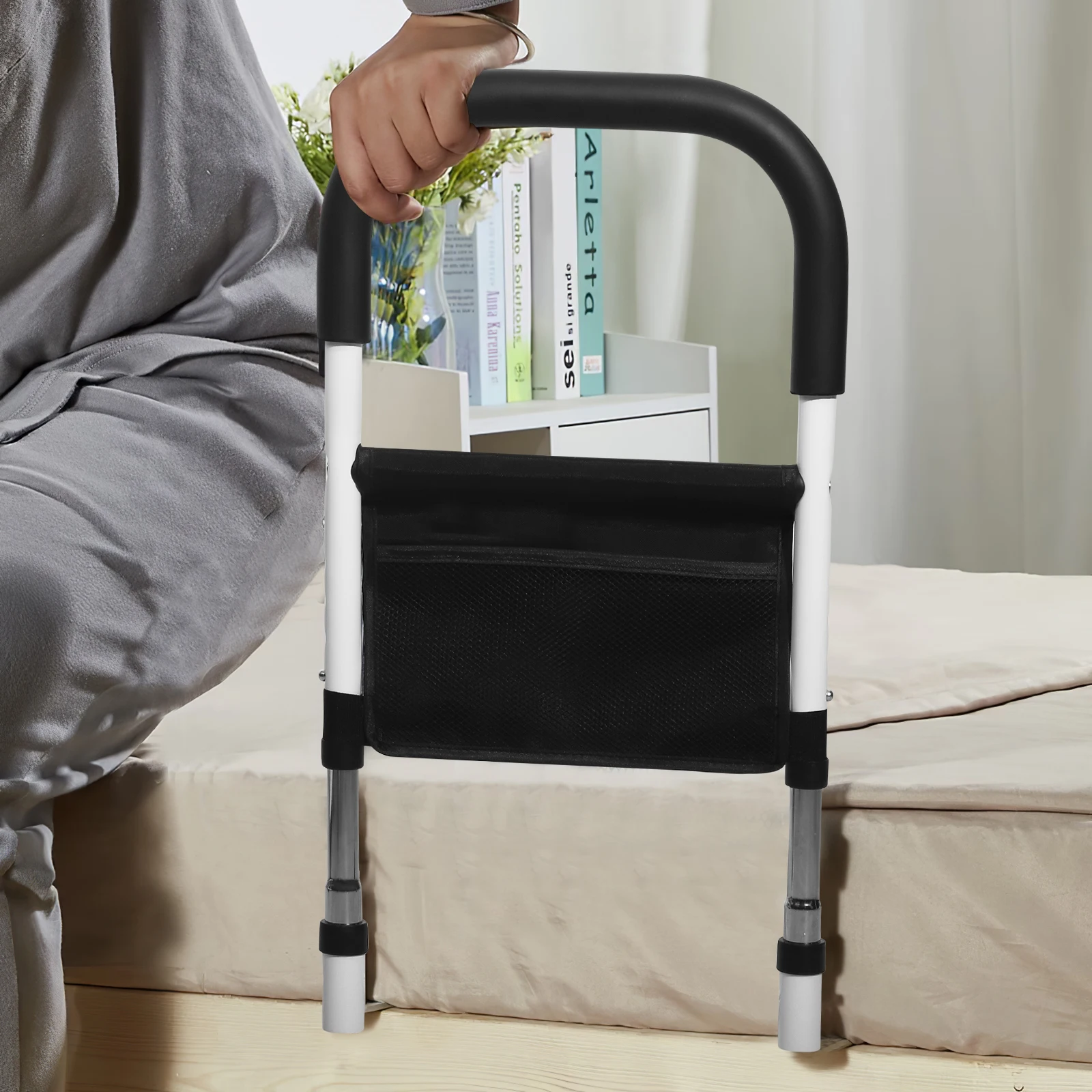 Bedside Armrest with Storage Bag, Safety Bed Railing, Auxiliary Railing, Height Adjustable, Disabled and Elderly