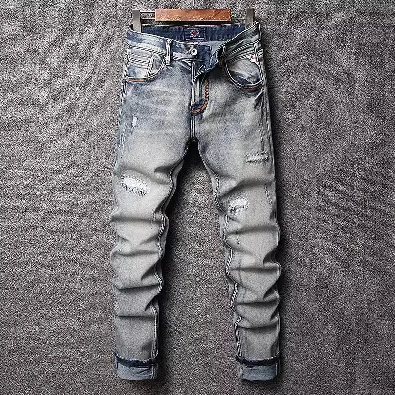 Vintage Washed Light Blue Slim Fit Jeans for Men High Elastic Quality Y2K Fashion Designer Split Denim Pants
