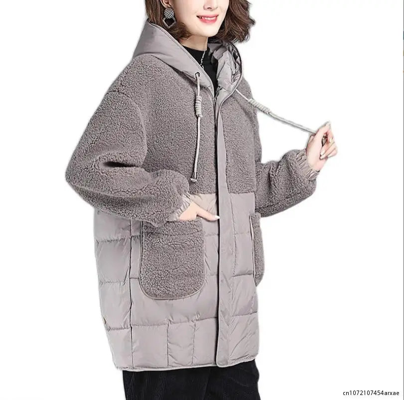 Women Padded Jackets Autumn Winter Hooded Outerwear 2023 Loose S-4XL Down Cotton Jacket Mid-Length Lamb Wool Thick Coat Female