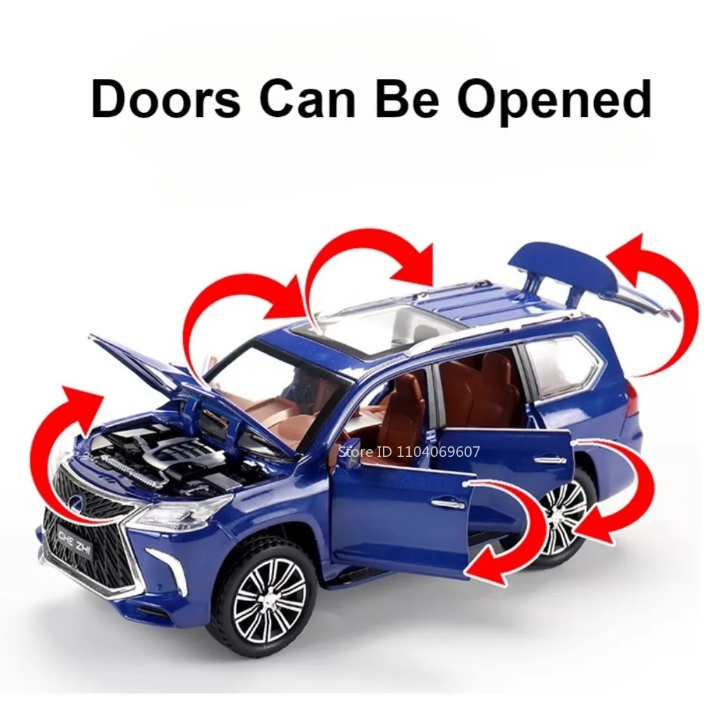 Suv lx570 modelo de carro utilitário, escala 1:24, modelo de carro, liga fundidos, portas, abertas, música, puxar para trás, veículos off-road, presentes para crianças