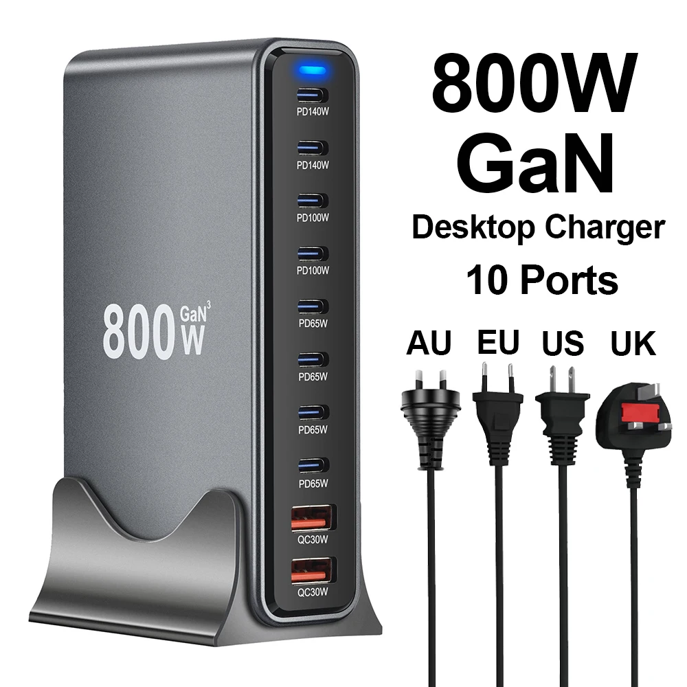 

800W GaN 10 Ports USB Type C Fast Charging Station Adapters Desktop Charger for iPhone 17 16 15 Xiaomi Samsung S26 Laptop ipad