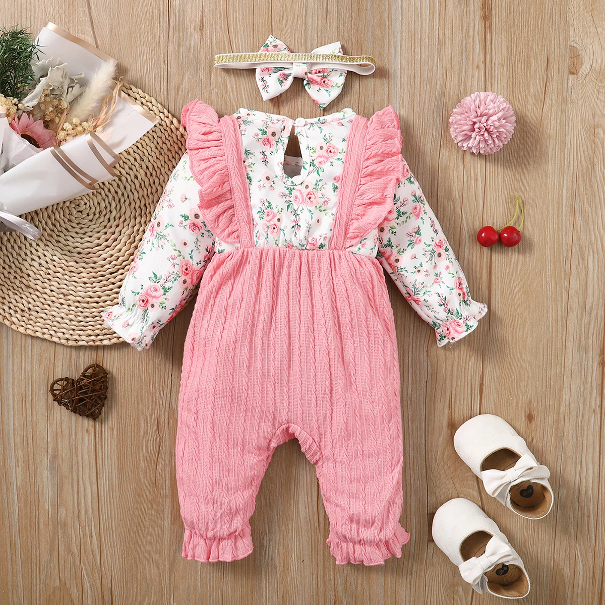 0-18 Months Newborn Baby Girl Romper Cute Floral Long Sleeve with Bow Bodysuit+Headband Infant Girl Spring&Autumn Jumpsuit