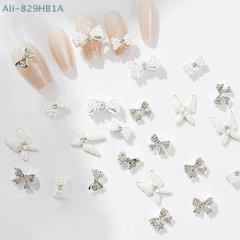 5PCS Bowknot Zircon Nail Accessories Pearl Shimmering Silver Butterfly Inlaid With Diamonds 3D Alloy Nail Decoration