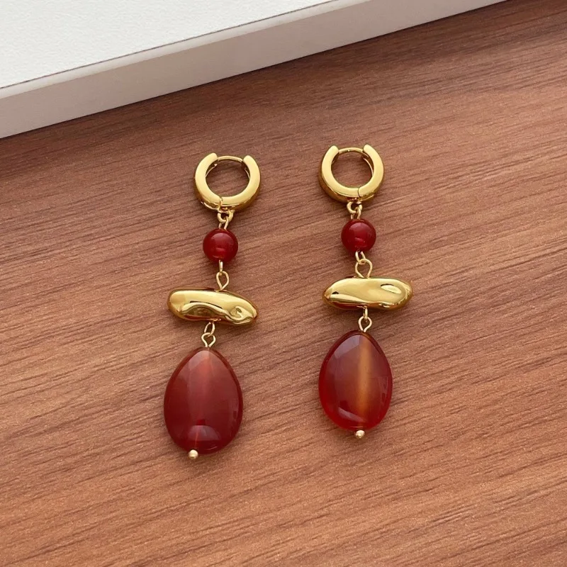 Minar Textured Red Color Natural Stone Metallic Beads Water Drop Dangle Earrings for Women 14K Real Gold Plated Copper Alloy