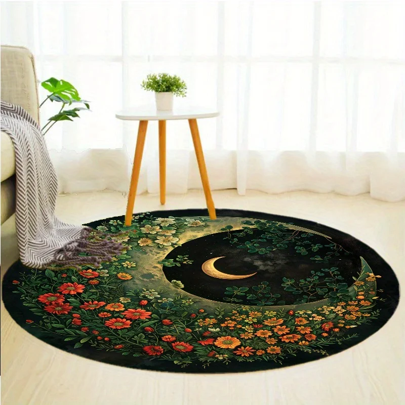 Moon and Flowers Round Area Rug, Celestial Floral Non Slip Circle Carpet, Washable Living Room Bedroom Mat