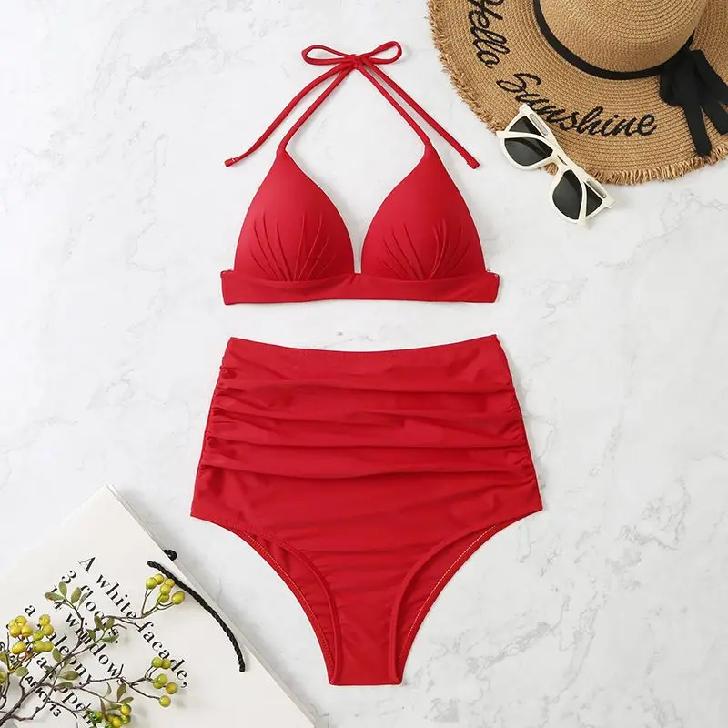 Bikinis de realce para mujer, traje de baño liso de cintura alta, ropa de playa de Mayo, rojo, blanco y rosa, 2024