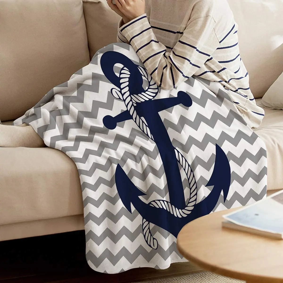 Flannel Luxury Lightweight Cozy Couch/Bed Super Soft Warm Plush Microfiber Throw Blanket,Nautical Navy Anchor,Gray and White