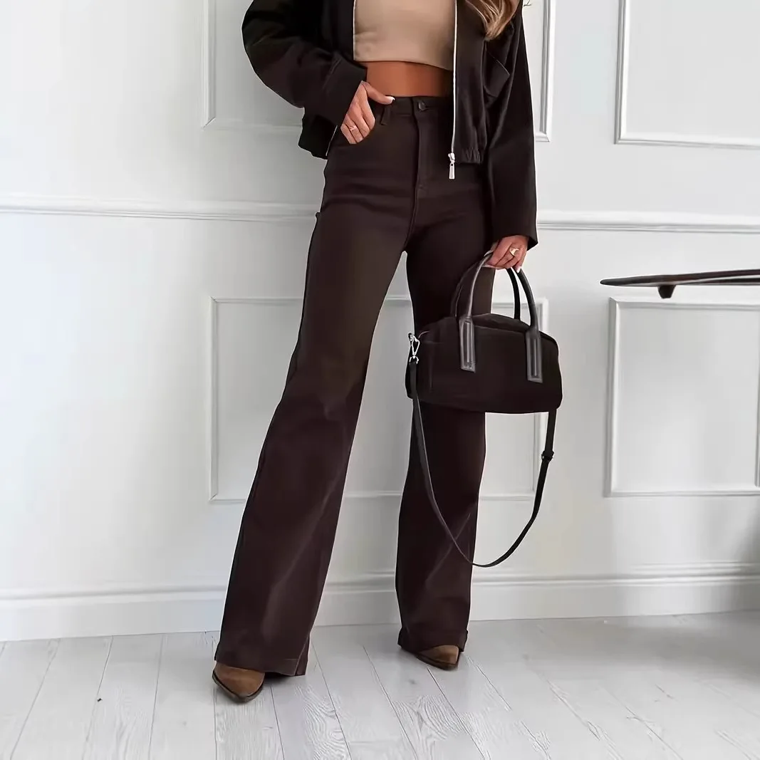 2026 Ladies Vintage High‑Rise Flare Denim Jeans Dark Coffee Color High Elastic Slim Fit Solid Casual Long Pants