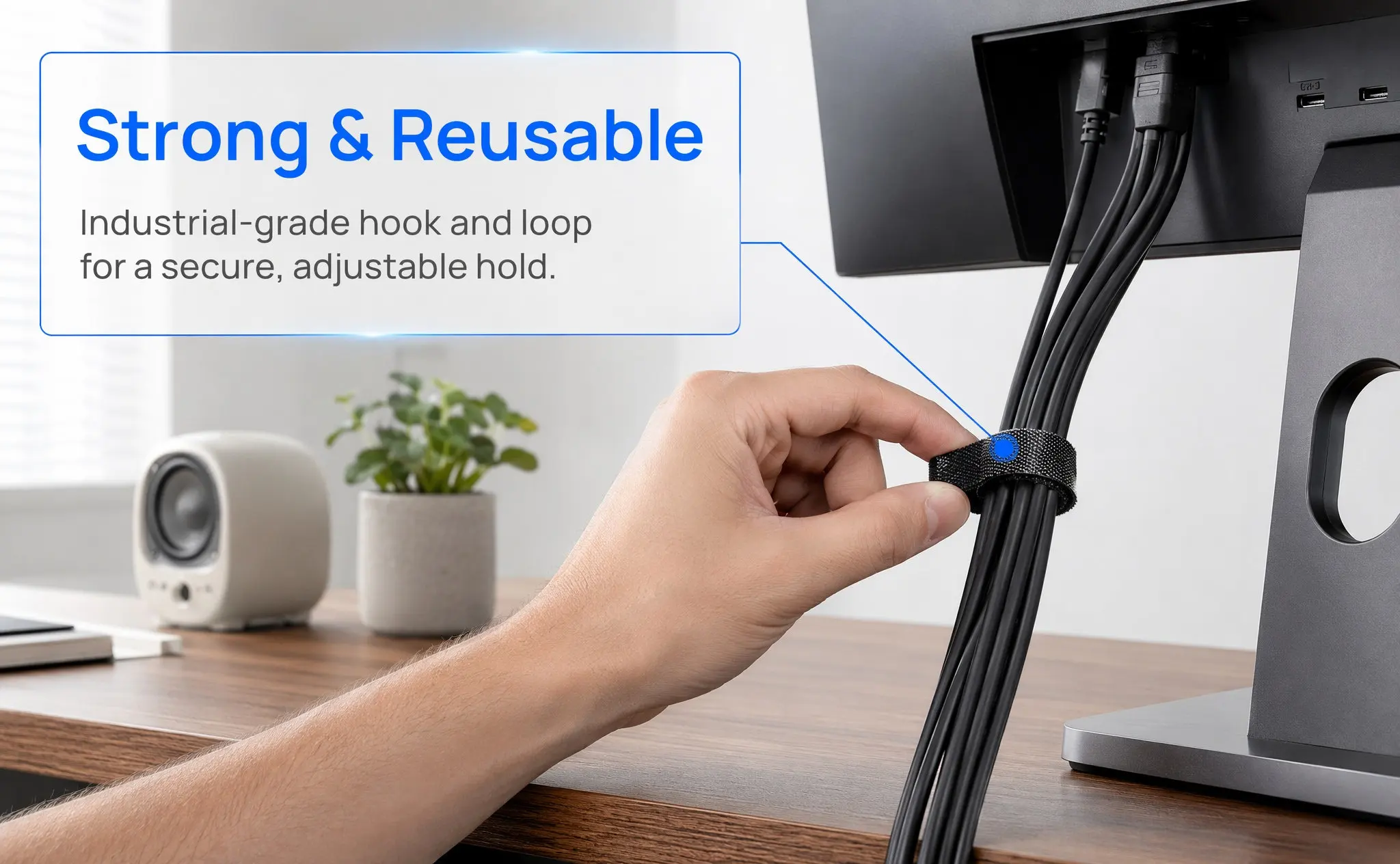 Reusable Fastening Cable Tie 3-Meter Hook Loop Cord Organizer Strap Strong Adhesion Cable Management Tape Wire Ties for Laptop