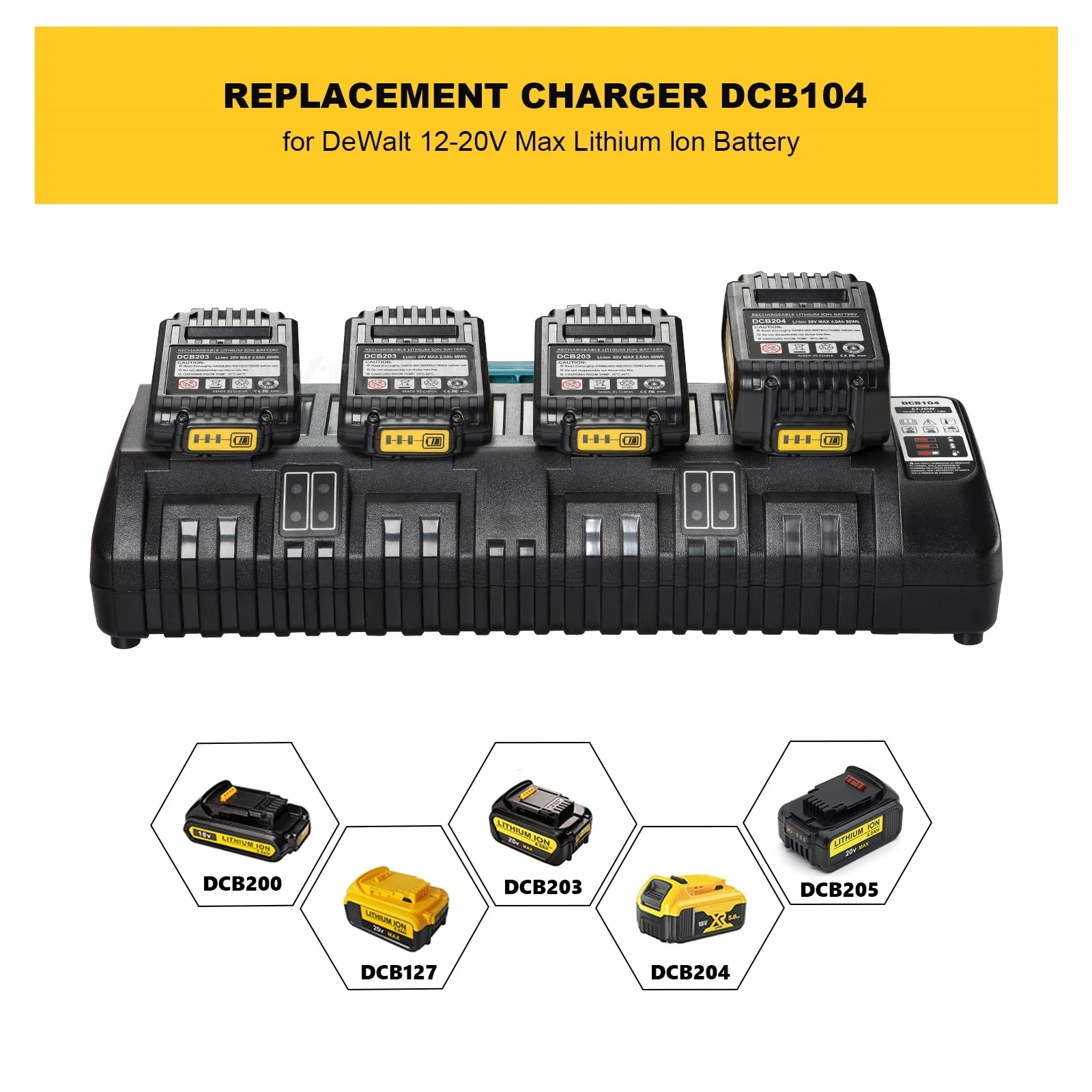 4portová nabíječka baterií kompatibilní s Dewalt 20V Li-ion bateriemi, rychlonabíjecí stanice pro nabíječku Dewalt, 2 USB porty - náhled 2