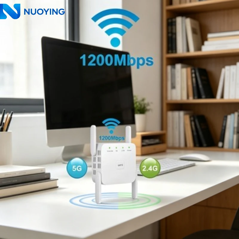 Répéteur WiFi Gigabit AC1200M 5G puissant, amplificateur de signal sans fil, transmission stable, installation facile, extension de la portée du réseau pour les grandes maisons et les espaces de travail