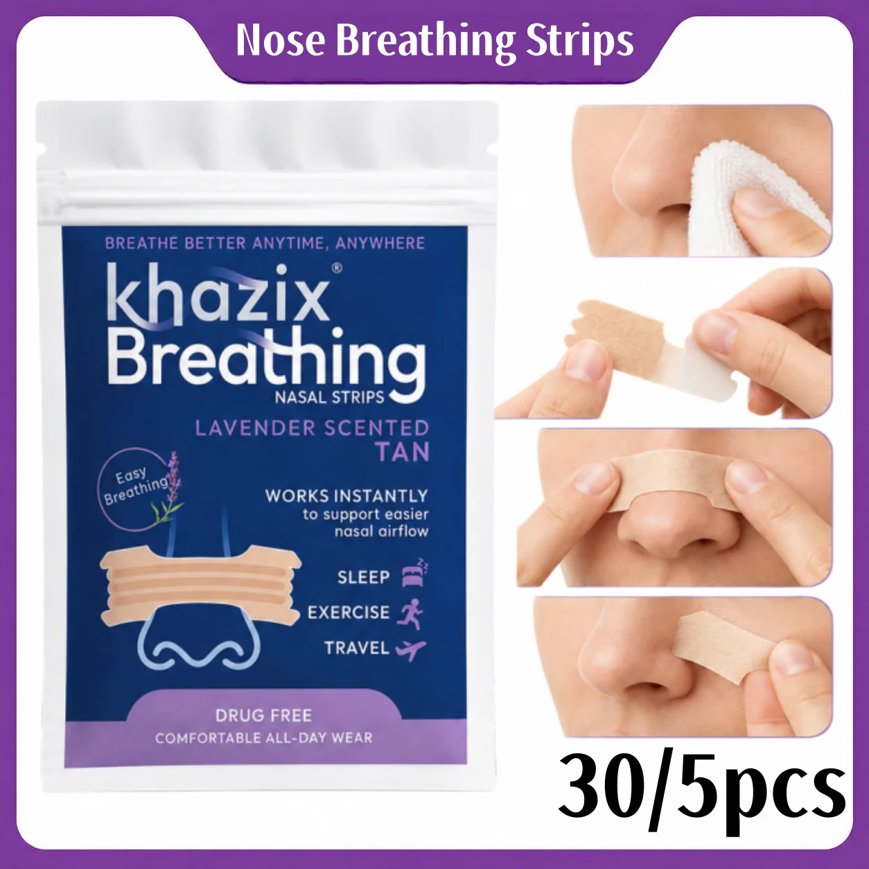 30/5pcs  Lavender Nasal Strips / Drug-Free / Breathing Support / Sleep / Exercise / Travel / Men and Women
