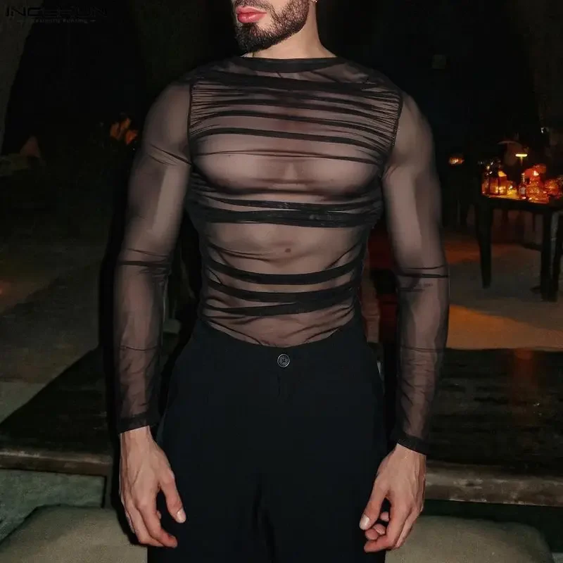 INCERUN Men T Shirt Mesh Transparent Sexy O-neck Long Sleeve Tee Tops Men Streetwear Camisetas Pleated 2026 Party Men Clothing