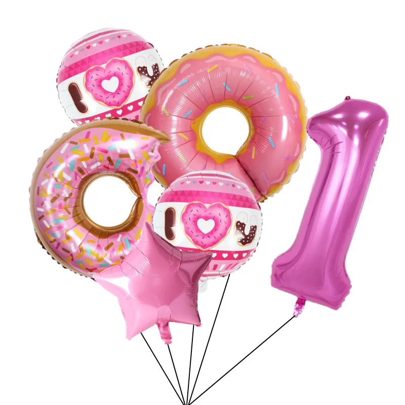 6pcs Donut Number Foil Balloons Set 1st 2nd Girls Birthday Party Decorations Candy Confetti Balloon Baby Shower Wedding Globos