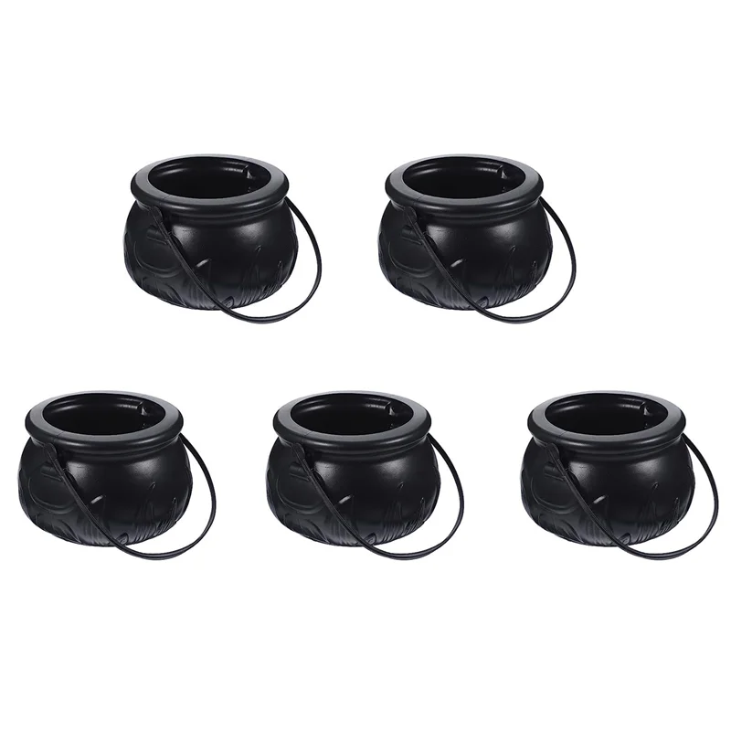 A98E-5X Black Cauldron Kettle Plastic Witch Kettle St Patricks Cauldron Wizard Witch Cauldron Decoration Candy Kettle Bucket