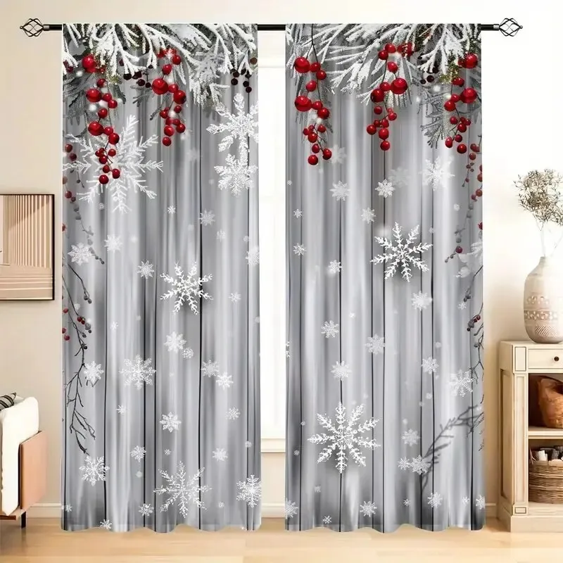 2PCS Digital Print Curtain, Snowflakes with Red Berries and Snow Covered Pine Branches on Gray, for Bedroom Window Decoration