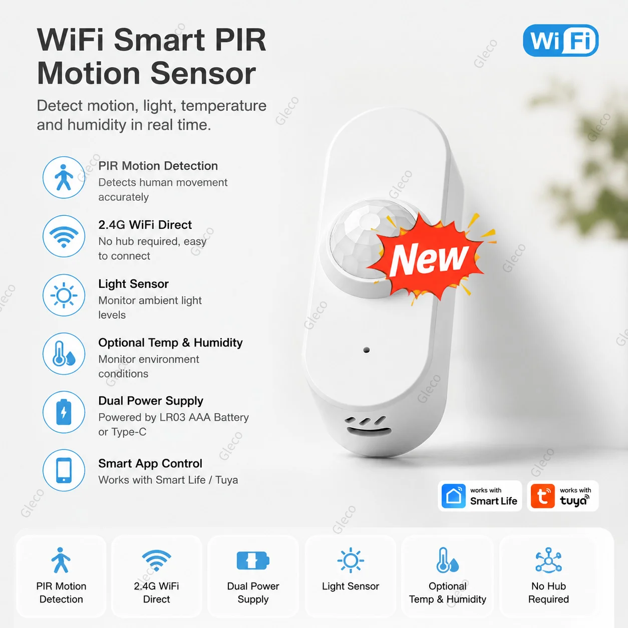 TUYA Smart Life WIFI PIR Motion Temperature Humidity Sensor Human Body Infrared Detector Luminance Detection APP Remote Control