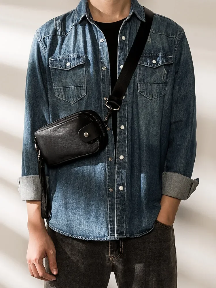 Leather breast bag Mini crossbody first layer cowhide shoulder bag Multifunctional mobile phone bag