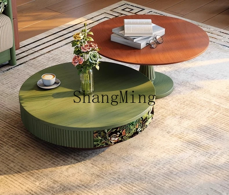 ZYY retro style solid wood small apartment round coffee table living room household size round coffee table combination