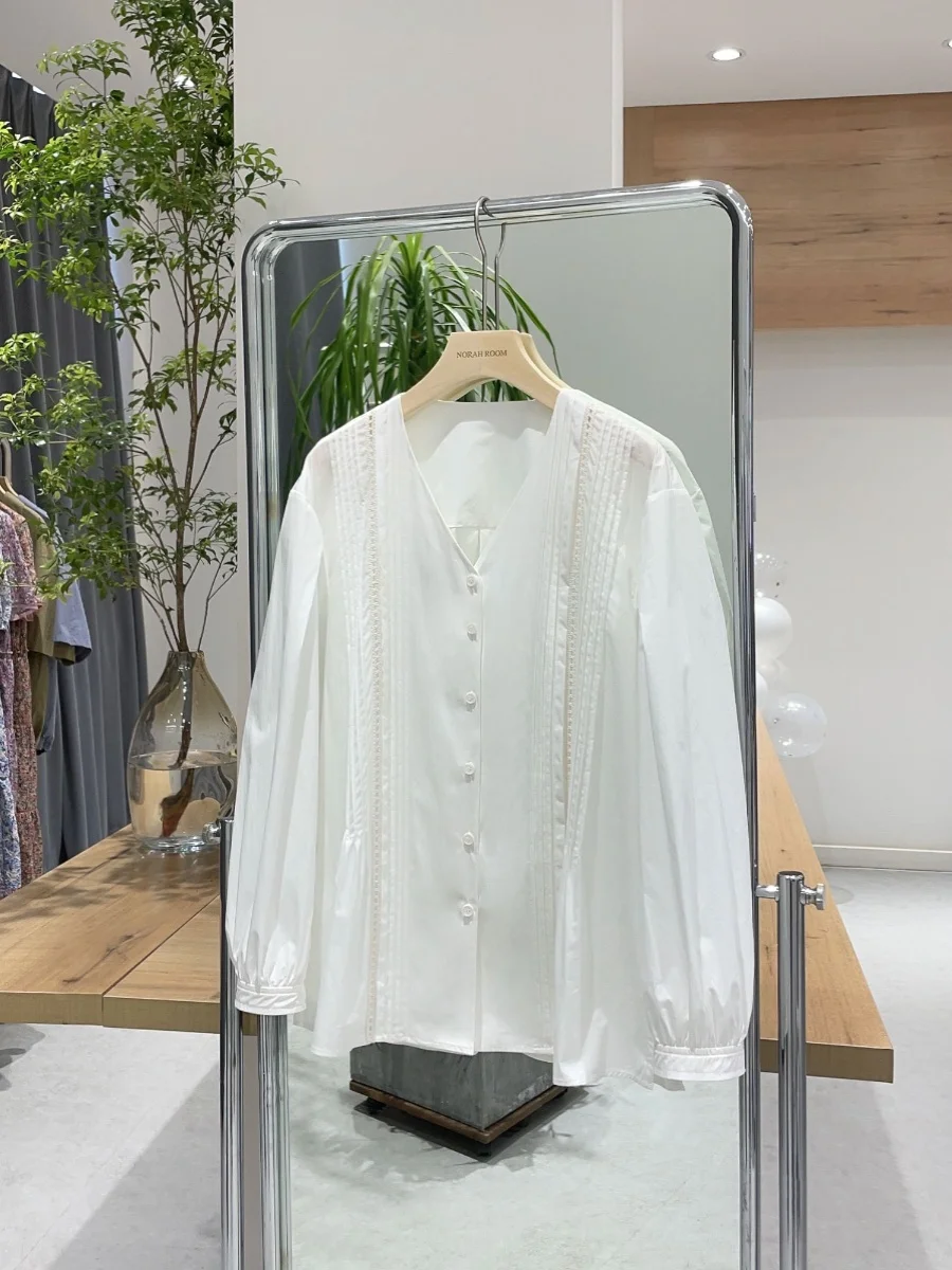 

Nok Xiaola Authentic Brand White Bubble Sve V-Ne irt Корейский Sle Commute Cotton Long Sve Pure Color