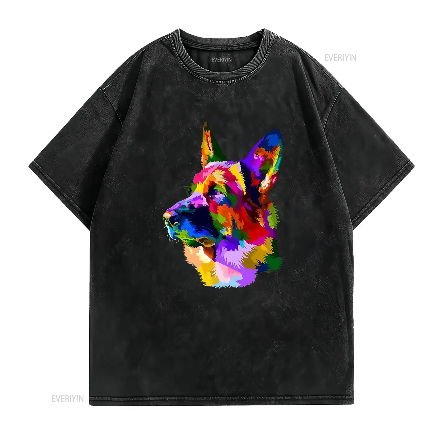 Cool Pop Art Colorful German Shepherd Print Casual Streetwear T Shirt vintage Washed Breathable Soft fashion homme graphic