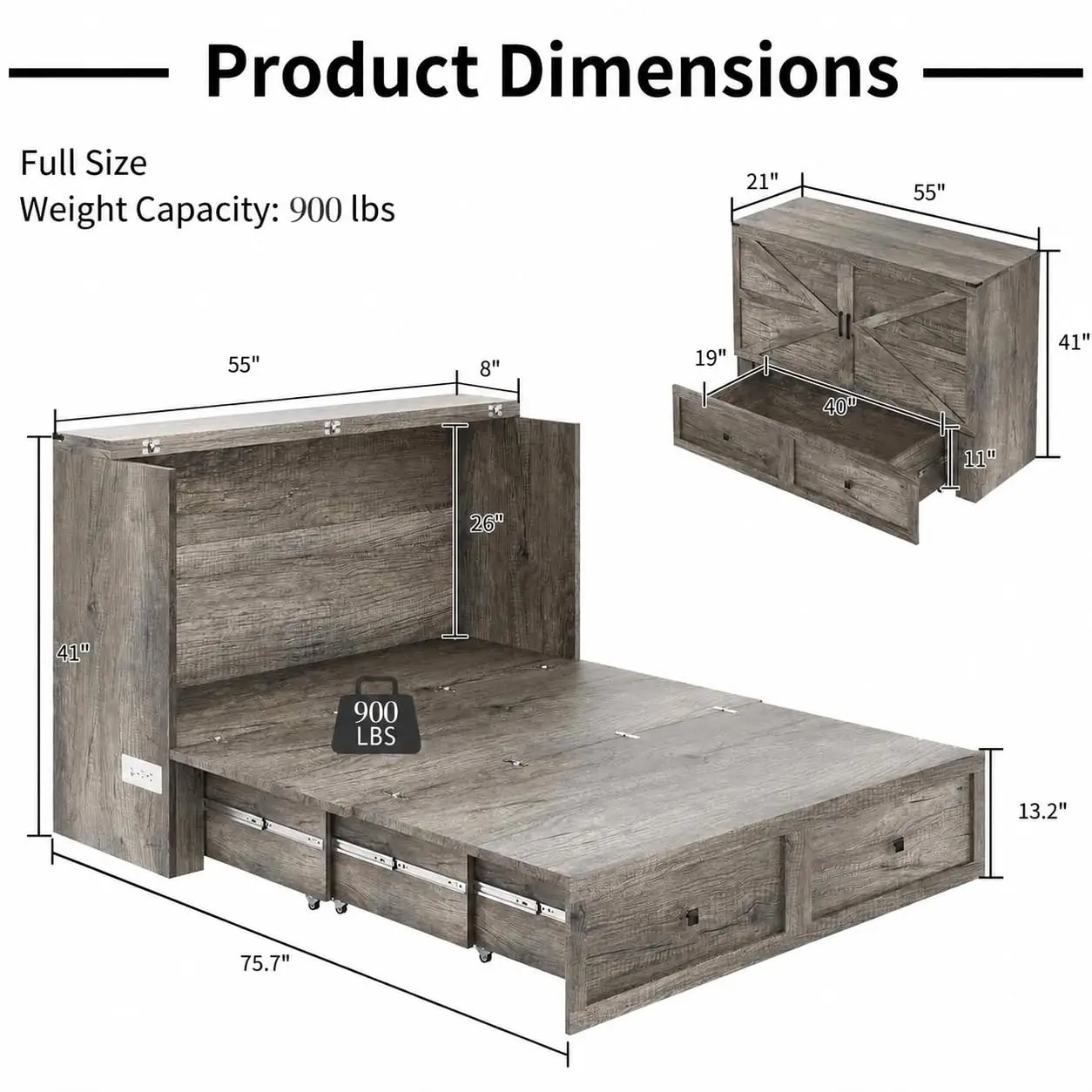 Full Murphy Bed with USB Charging Station & Storage, Wall Mounted Space Saving Bedroom Furniture, Customized