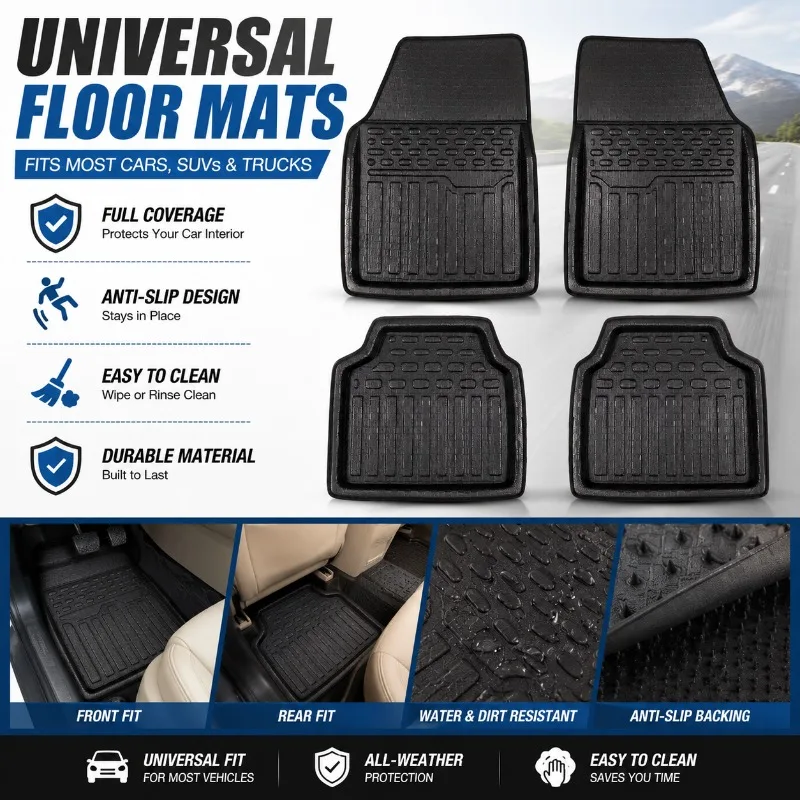 4Pcs Universal Car Floor Mats Set, Trimmable Heavy Duty Rubber Auto Foot Liners, Anti-Slip Deep Groove Floor Carpets