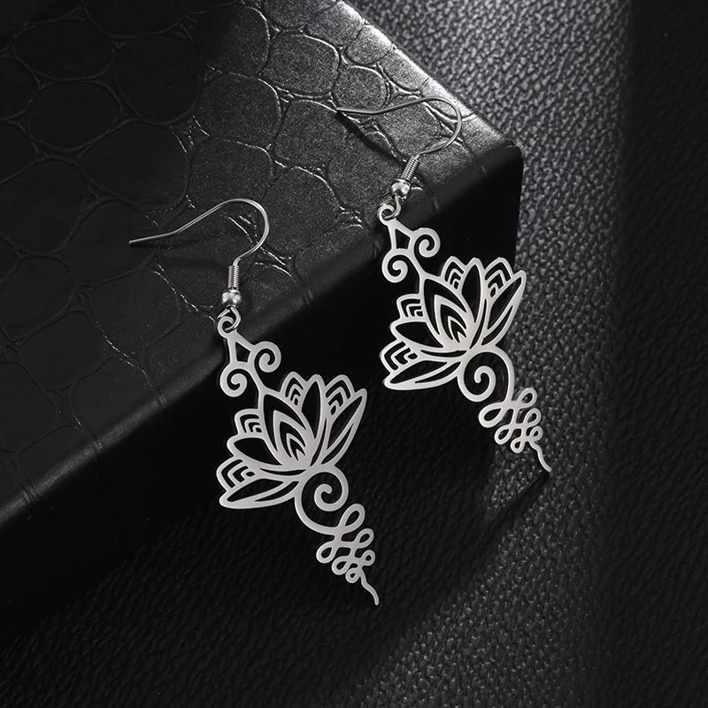 Stainless Steel Fashion Trend Hollow Lotus Buddhist Pattern Religious Jewelry Light Luxury Earrings Holiday Gift for Women