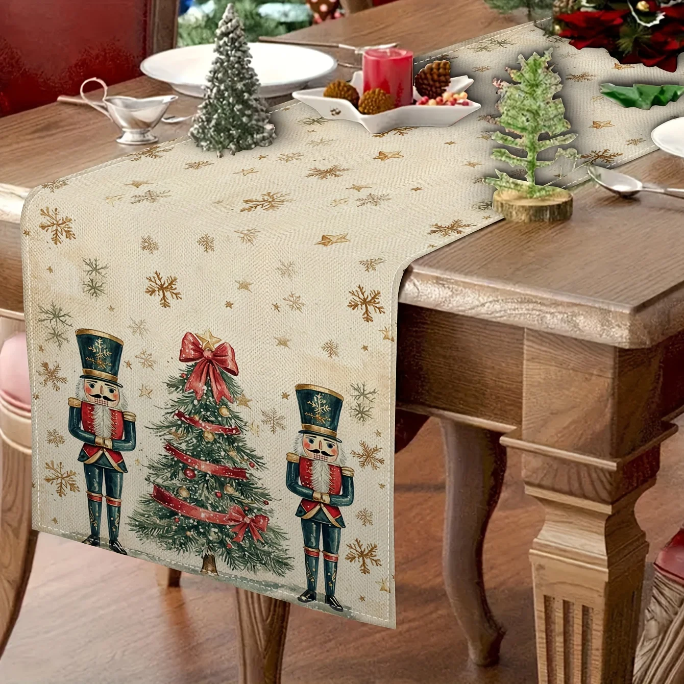 Christmas Nutcracker Xmas Tree Linen Table Runner Party Decor Winter Snowflake Kitchen Dining Table Runner Christmas Decorations