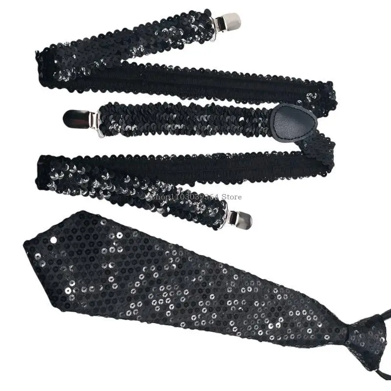 Elegant Sequins Suspenders Neck Tie Set for Theme Event Stage Performances Props
