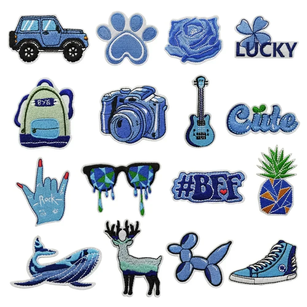Apliques de tela bordados de estilo azul personalizados, Parche de la suerte, gesto de roca, artículos bonitos, pegatinas termoadhesivas para camiseta de niños