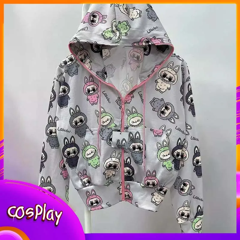 LABUBU Cartoon Hoodie Anime Print Hooded Sweatshirt Kawaii Cute Cardigan Loose Long Sleeved Jacket Thin Top Ins Clothing Gift