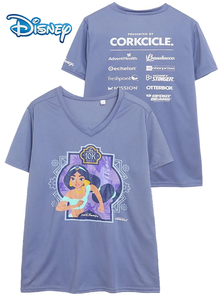 

Disney Aladin and the magic lamp Jasmine Princess Cartoon Print Quick-dry T-Shirt Women Short Sleeve V-Neck Pullover Tee Tops